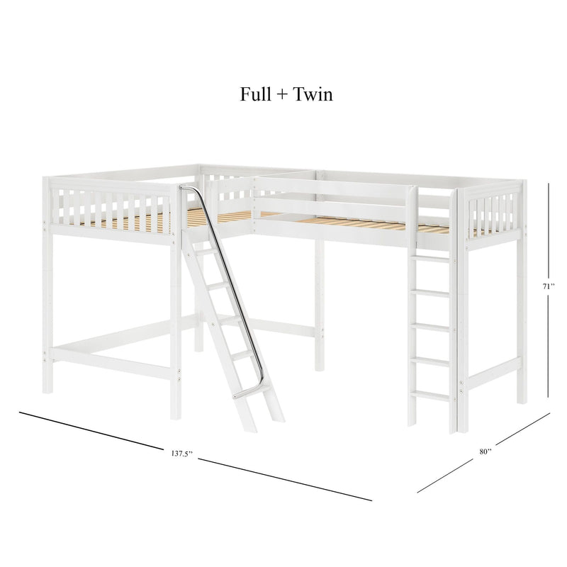 White wooden full-and-twin loft bunk bed with ladder and safety guardrails, space-saving high-loft design with slatted wood platforms, dimensions 71 in H × 137.5 in L × 80 in W