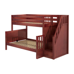 Wooden bunk bed with storage stairs and safety rails, ideal for kids' room furniture.