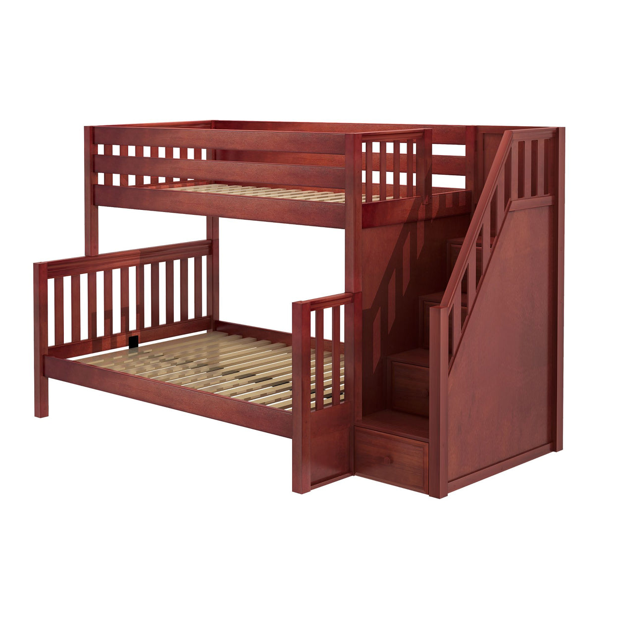 Wooden bunk bed with stairs and railings, space-saving design for kids' bedroom.