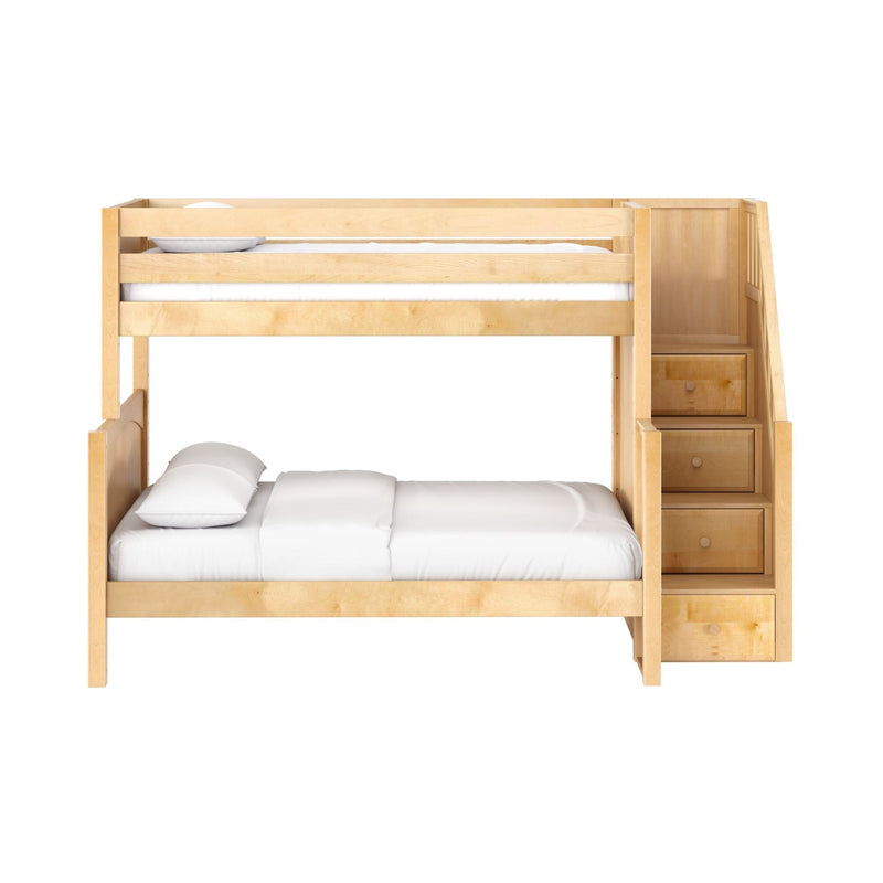 Light maple wooden loft bunk bed with built-in staircase and storage drawers, upper guardrail and white bedding, space-saving bedroom furniture