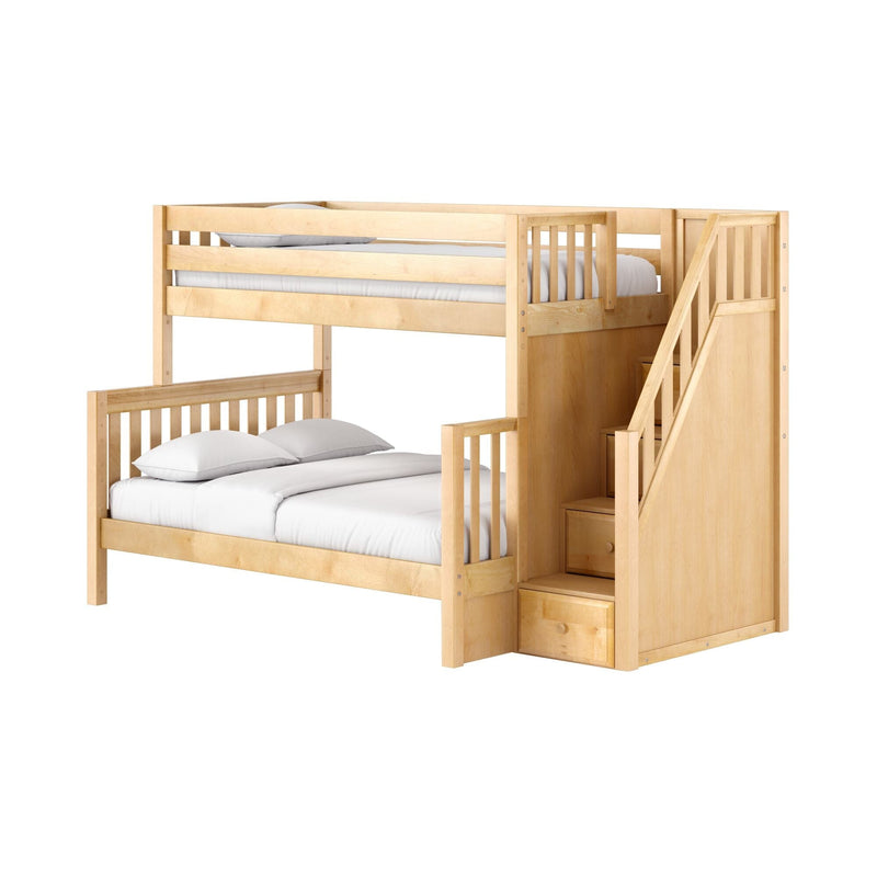 Light natural wood bunk bed loft with stairs and built-in storage drawers, twin-over-full space-saving kids' bedroom furniture