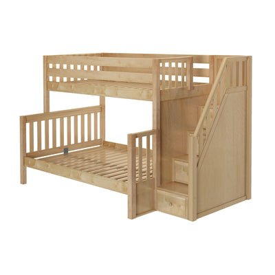 Wooden bunk bed with integrated staircase for kids' room storage solution.