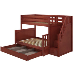 Red wooden bunk bed with stairs, drawers, and underbed storage for kids' room.