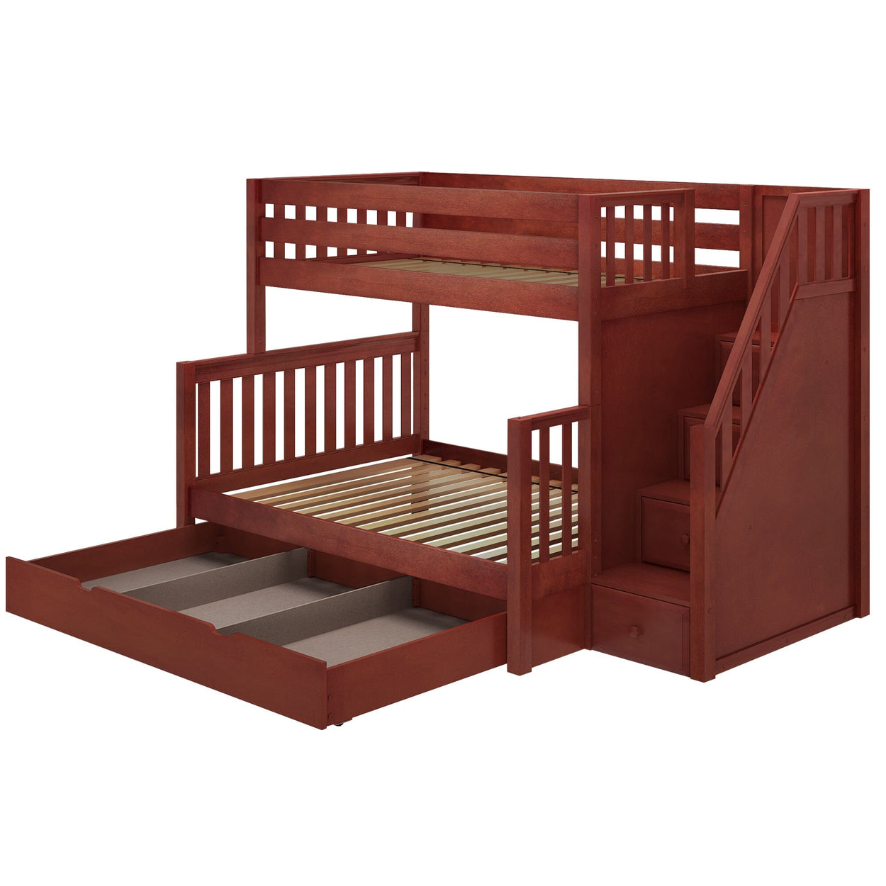 Wooden bunk bed with staircase and storage drawers, perfect for kids' room organization and space-saving.