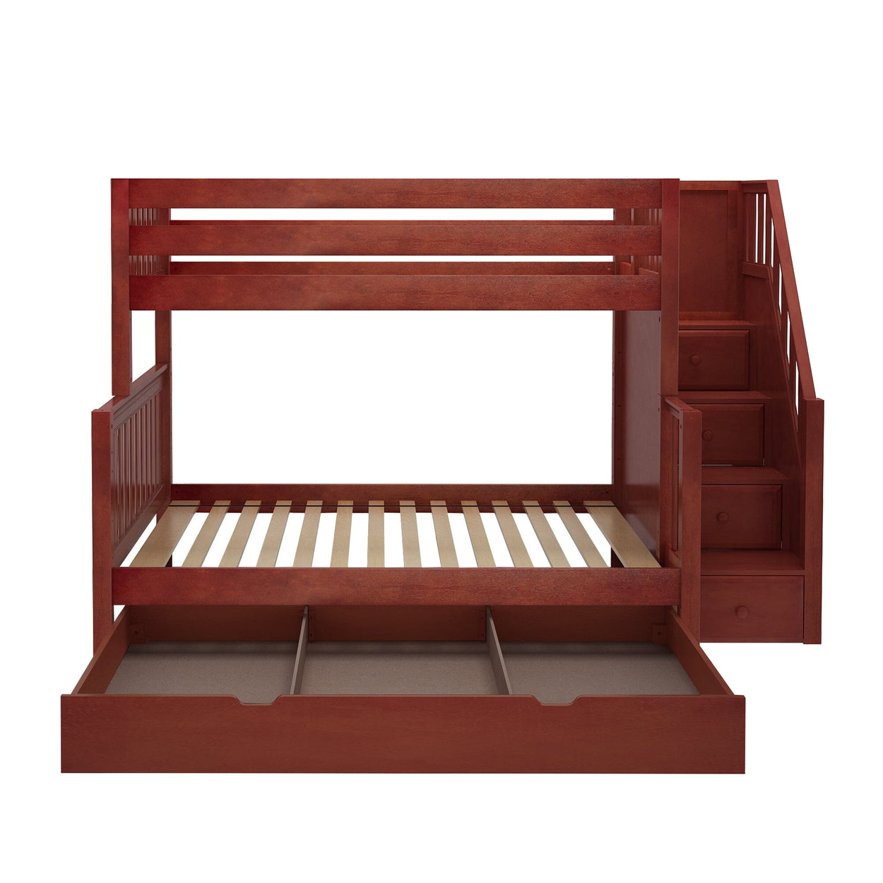 Wooden bunk bed with staircase and storage drawers for kids' room.