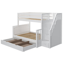 White wooden bunk bed with staircase and storage drawers, ideal for maximizing space in a children's room.