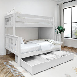 White wooden bunk bed with under-bed storage drawers in a bright, modern bedroom.