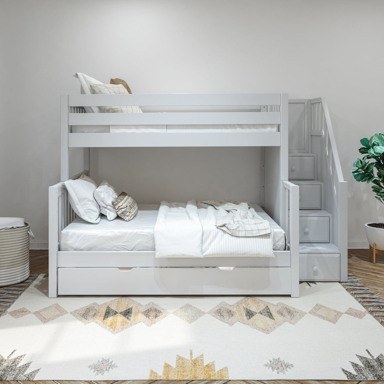 Modern white bunk bed with storage stairs in a minimalist bedroom, featuring a cozy rug and potted plant.