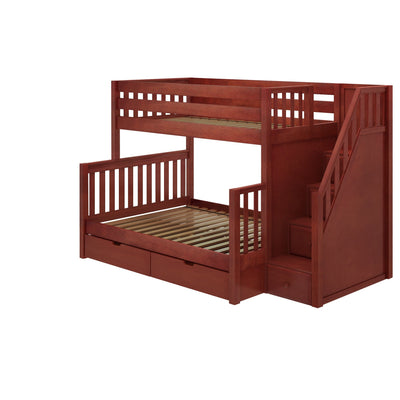 Cherry wood bunk bed with stairs and under-bed storage drawers.