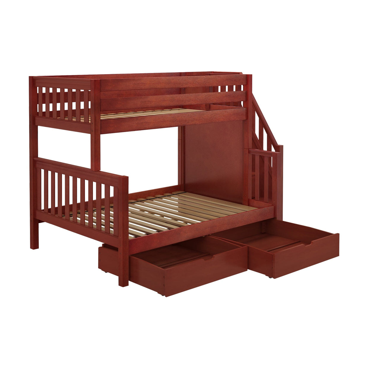 Wooden bunk bed with stairway and storage drawers, perfect for maximizing space in kids' bedrooms.