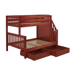 Wooden bunk bed with stairway and storage drawers, perfect for maximizing space in kids' bedrooms.