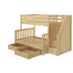 Wooden bunk bed with storage drawers and stairs, ideal for maximizing space in children's bedrooms.