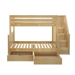 Wooden bunk bed with staircase and storage drawers.