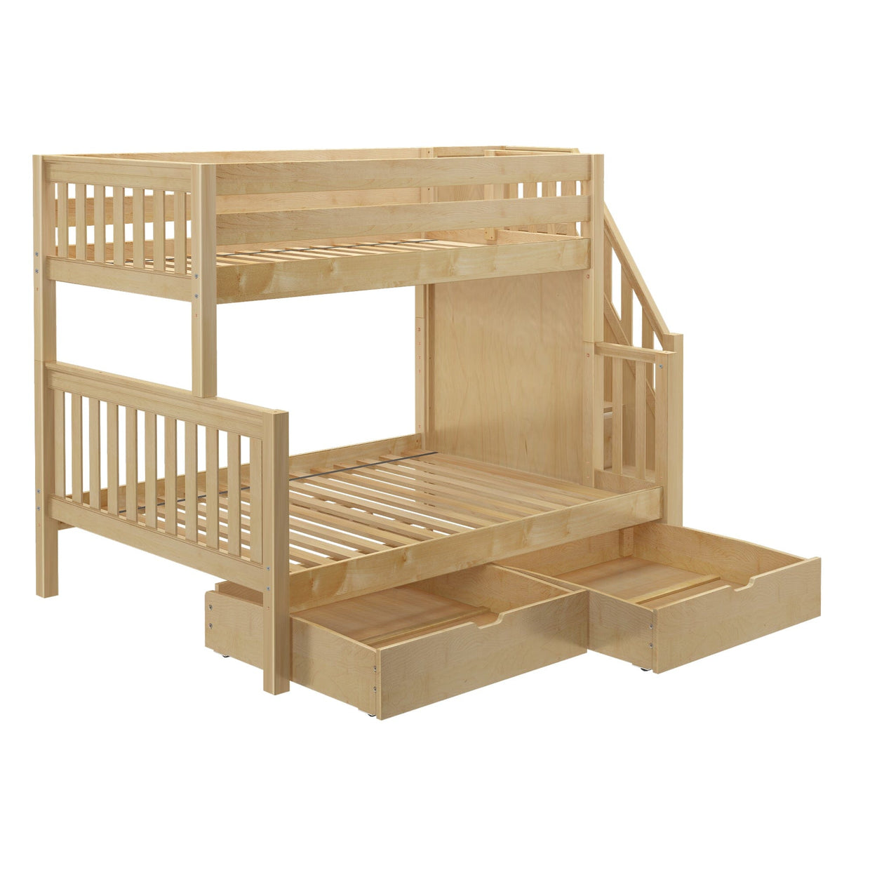 Wooden bunk bed with storage drawers and staircase for kids' room.