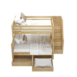 Wooden bunk bed with white bedding, built-in drawers, and side stairs for kids' room.
