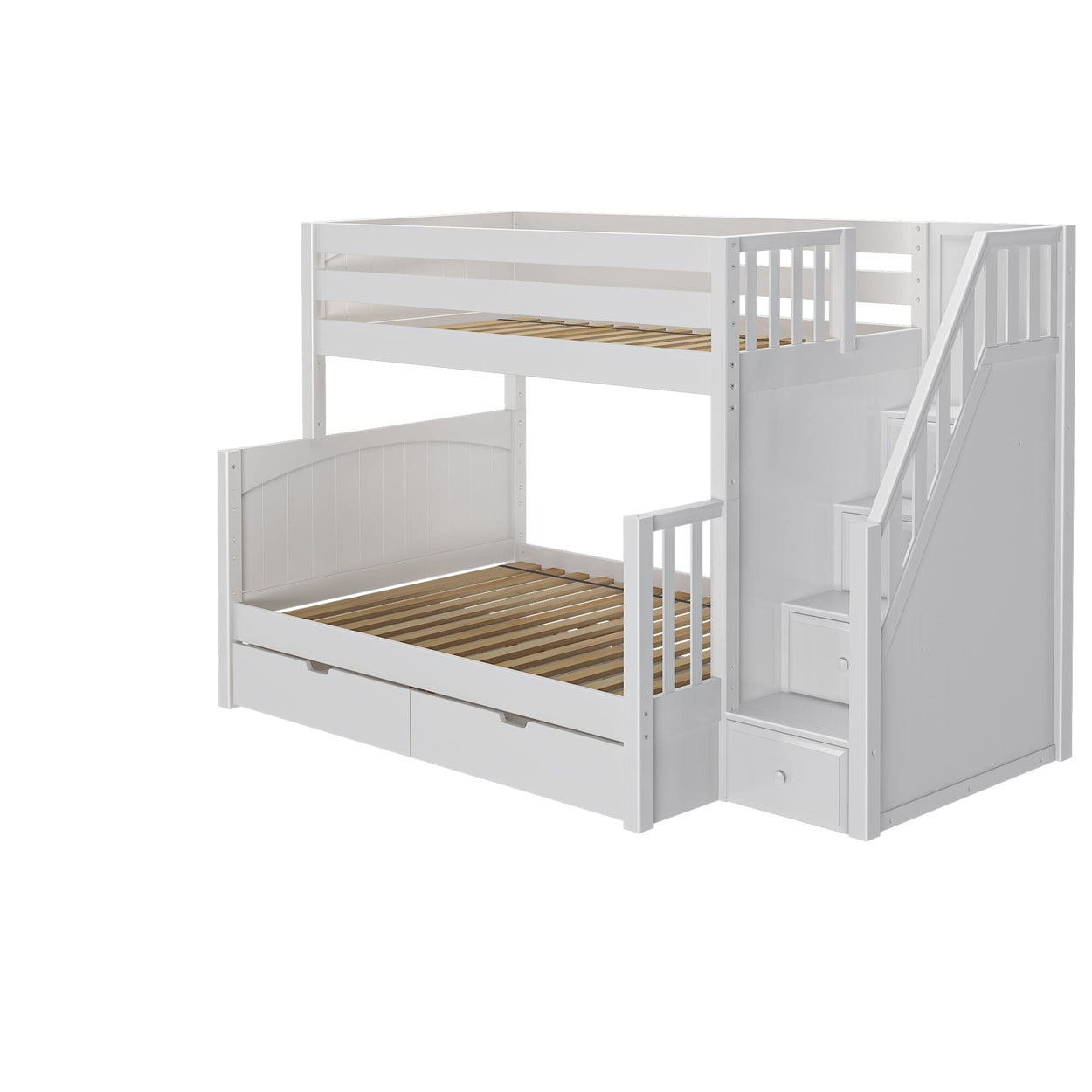 White wooden bunk bed with stairs and drawers, perfect for kids' shared bedroom storage solutions.