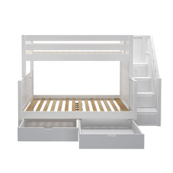 White wooden loft bed with integrated staircase and storage drawers, perfect for kids' bedrooms.