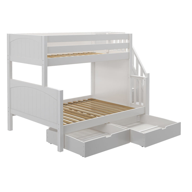White wooden twin-over-full bunk bed with built-in staircase, two under-bed pull-out storage drawers and slatted mattress supports for kids' bedroom