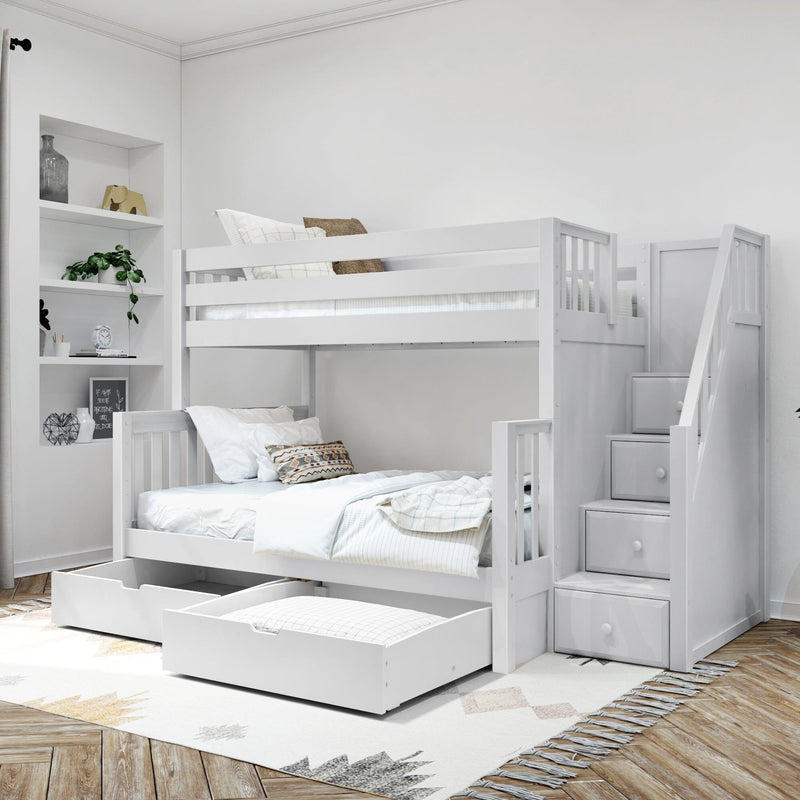 White wooden bunk bed with staircase storage, built-in drawers and pull-out trundle in a modern space-saving children's bedroom