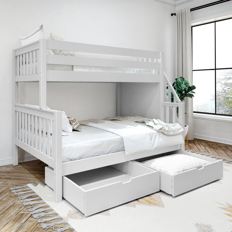 White wooden bunk bed with pull-out under-bed storage drawers in a bright modern bedroom with hardwood floors and large window