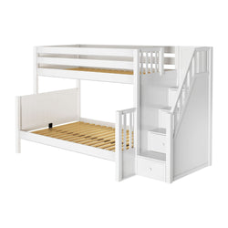 White wooden twin bunk bed with integrated staircase and storage drawers, ideal for maximizing space in kids' bedrooms.