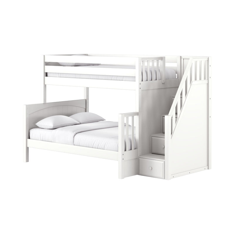 White wooden twin-over-full loft bunk bed with staircase, guardrails and built-in storage drawers, white bedding on a plain white background