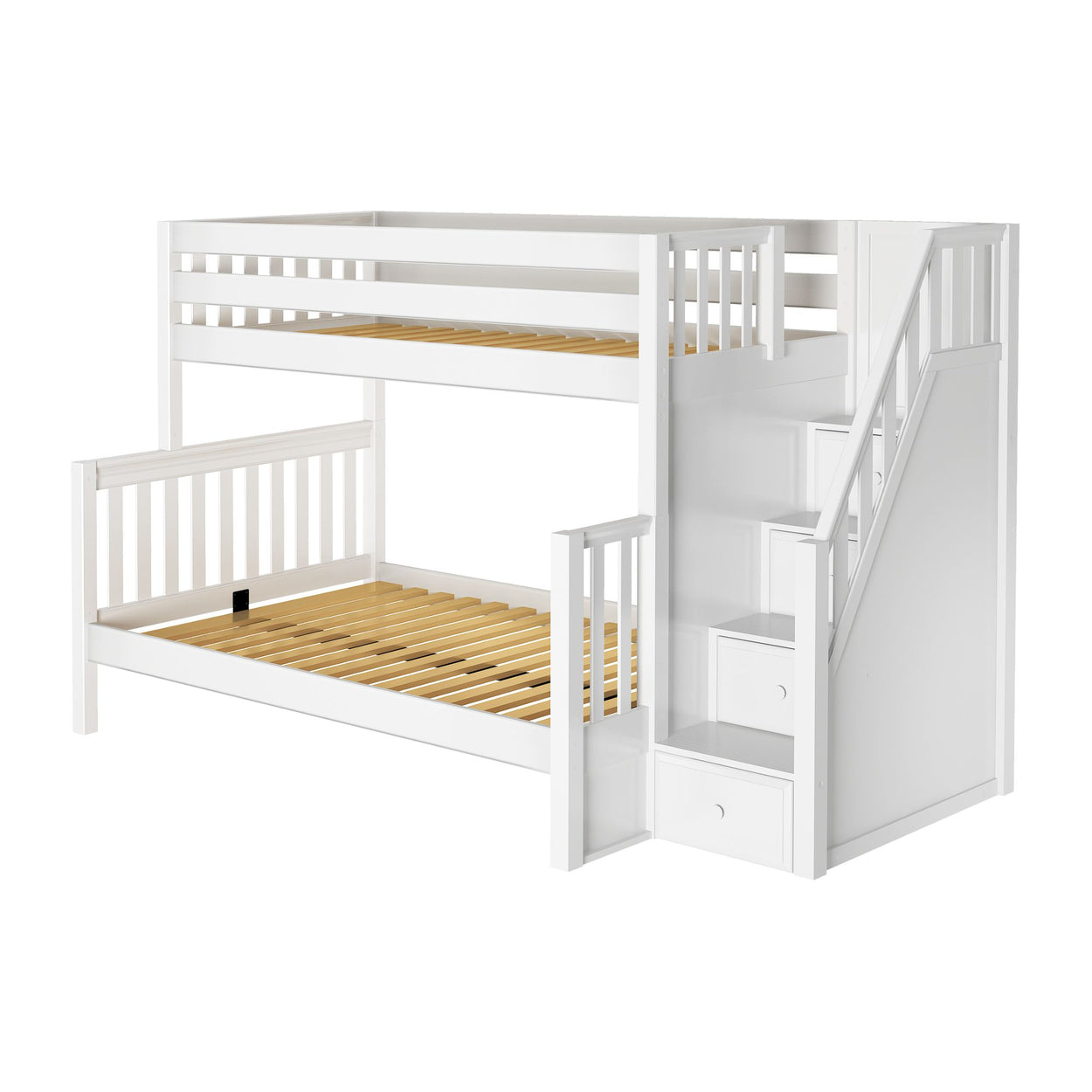 White wooden bunk bed with stairs and storage drawers, ideal for space-saving in kids' bedrooms.