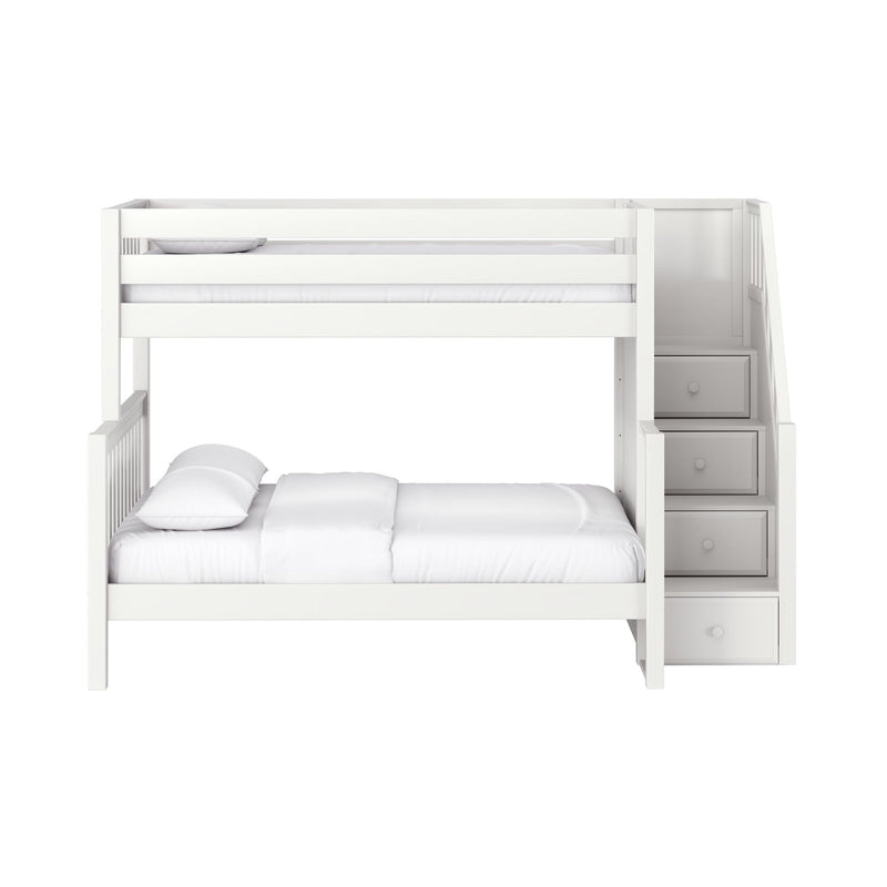 White wooden loft bunk bed with staircase and built-in storage drawers, neutral bedding for kids' bedroom