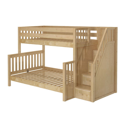 Wooden loft bunk bed with stairs and storage drawers, perfect for kids' room organization and maximizing space.