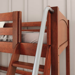 Wooden bunk bed with ladder showcasing modern design and sturdy construction for bedroom furniture.