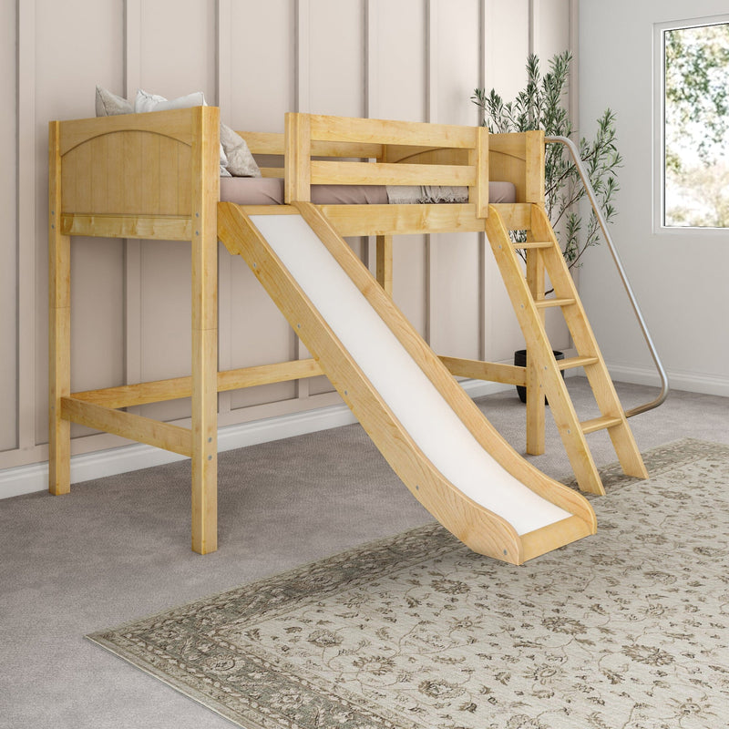 Natural wood kids loft bed with slide and ladder in neutral children's bedroom, soft bedding, indoor plant and decorative rug