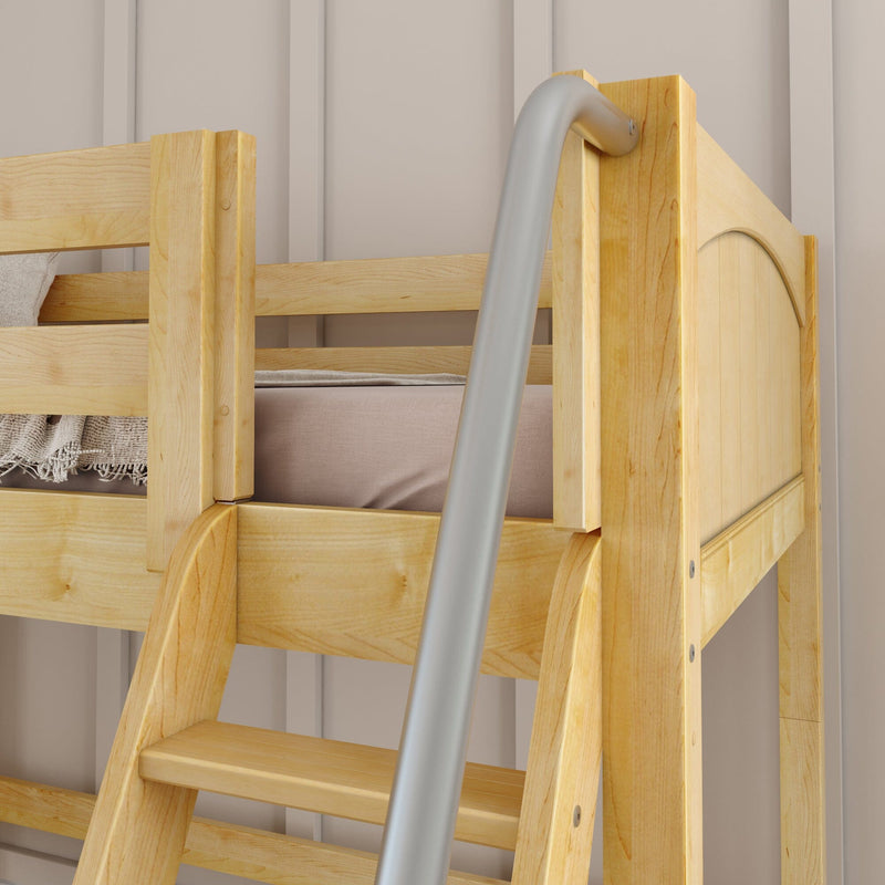 Close-up of light maple wooden bunk bed ladder and metal safety rail with natural wood grain and beige mattress