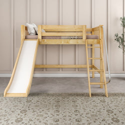 Loft bed with ladder and slide in a modern children's bedroom.