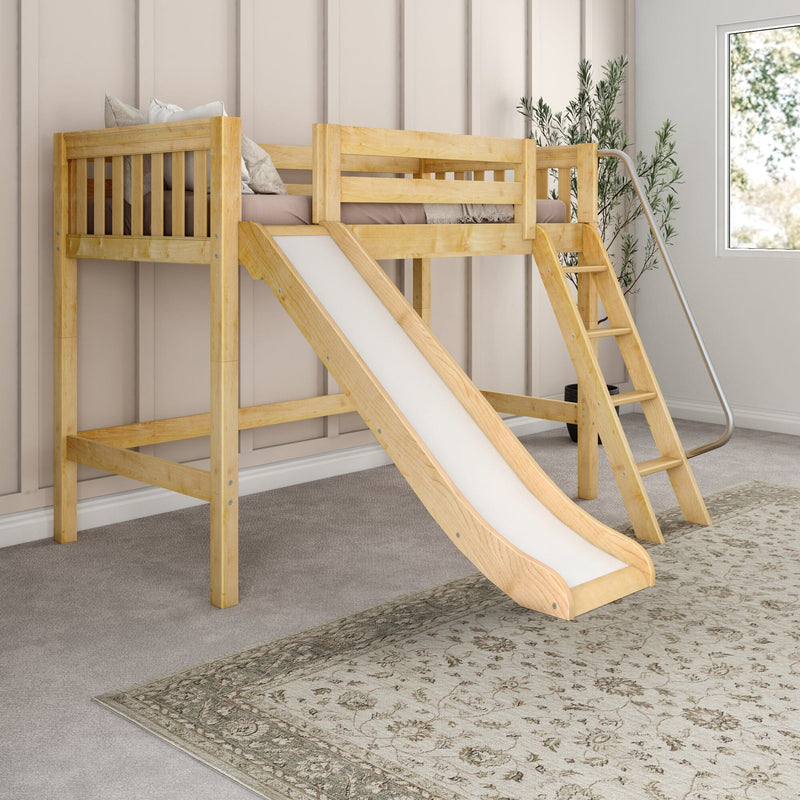 Kids loft bed with slide and ladder - natural wood bunk bed in a neutral modern children's bedroom with pillows and indoor plant