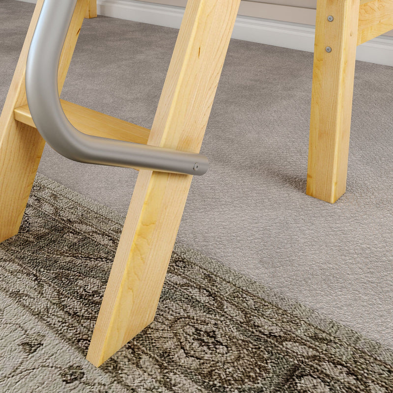 Close-up of light wooden stepladder legs with curved metal handrail on gray carpeted floor in a home interior
