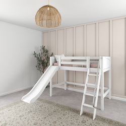 Modern kids' bedroom with a white loft bed featuring a slide, ladder, and boho decor elements like a woven pendant light and neutral plant, enhancing interior design aesthetics.