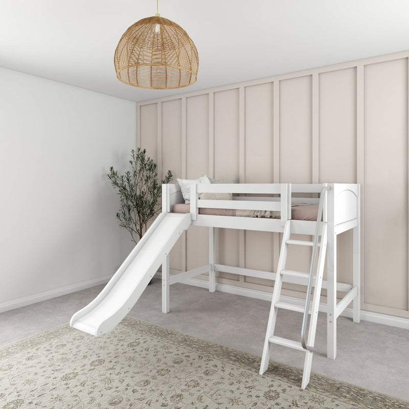 White wooden kids loft bed with slide in a neutral nursery, boho rattan pendant light, paneled accent wall and indoor plant