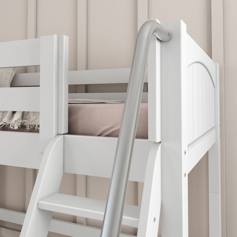 Close-up of white wooden bunk bed ladder and curved metal safety rail on a modern loft bed with beige paneled wall and neutral bedding