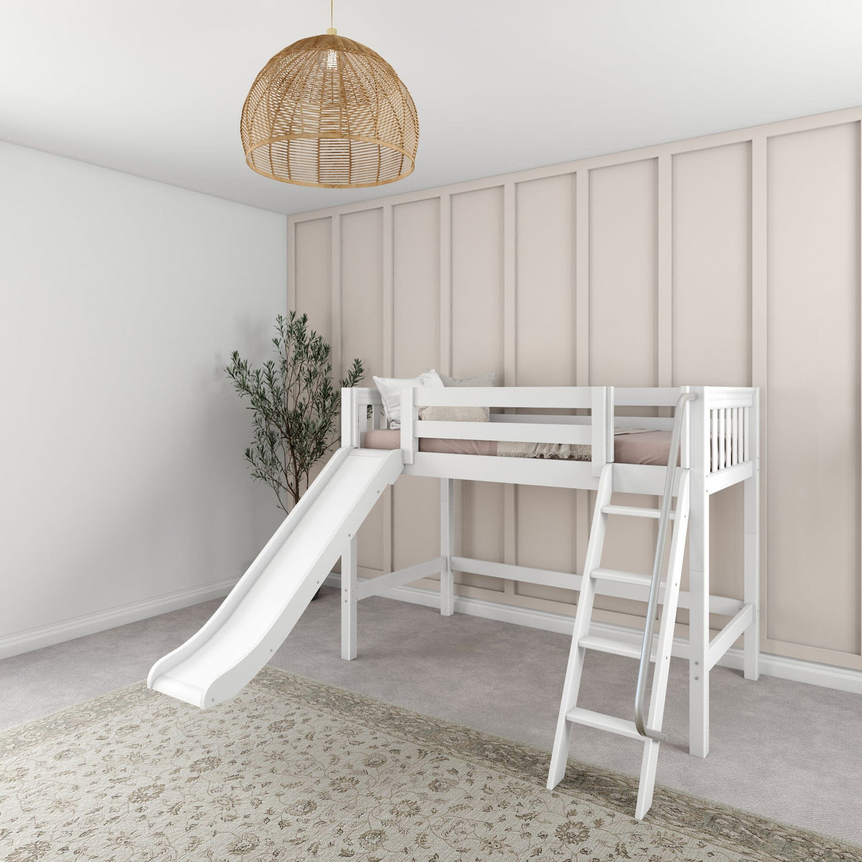 White loft bed with slide and ladder in modern children's room with beige accent wall.