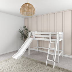 White loft bed with slide and ladder in modern children's room with beige accent wall.
