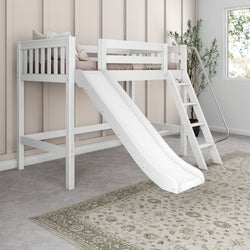 White wooden loft bed with slide and ladder in children's bedroom with neutral decor.
