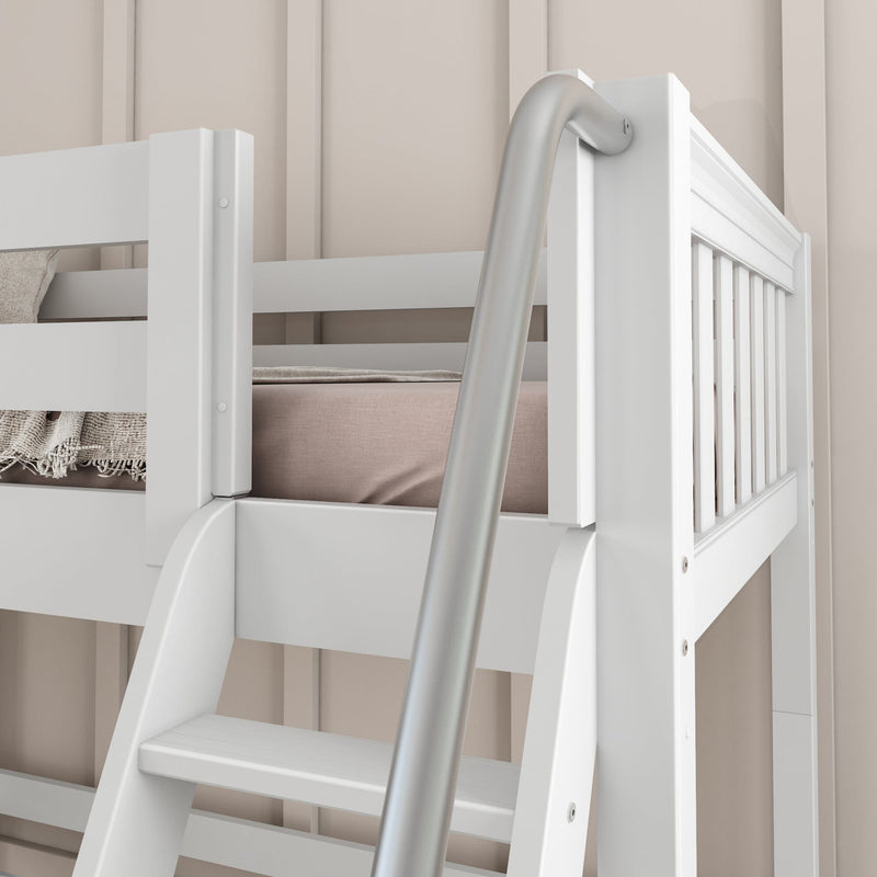 Close-up of a white wooden bunk bed ladder with a silver metal handrail, beige bedding and neutral wall panels in a modern kids' room