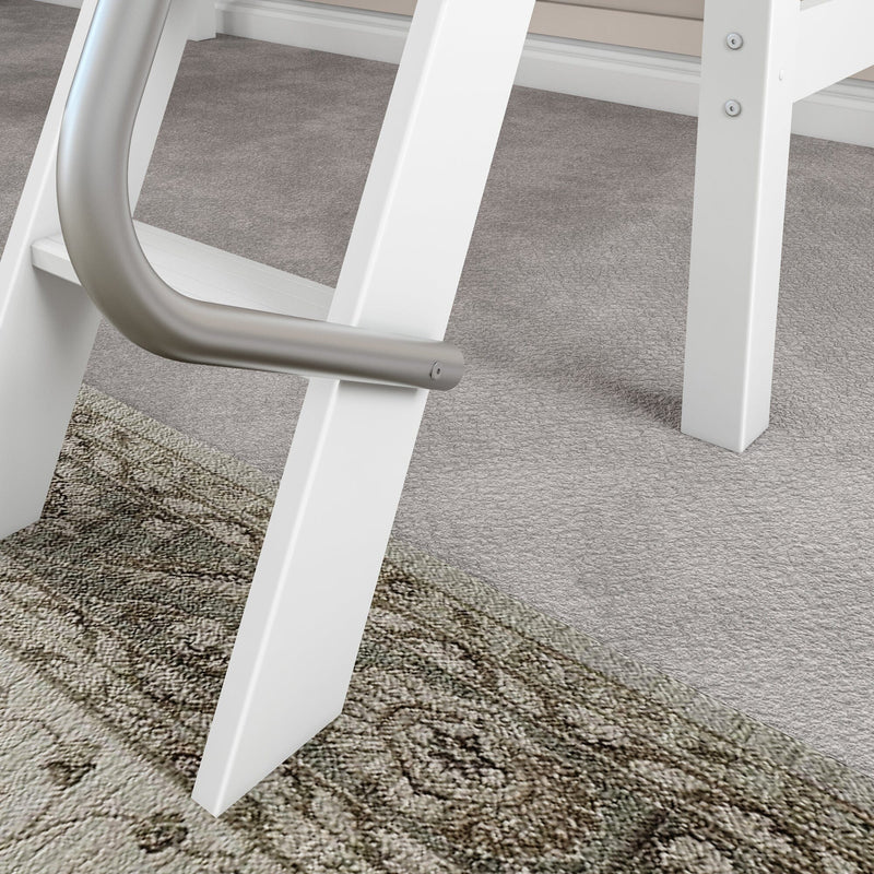 Close-up of white wooden ladder with brushed metal handrail on gray carpeted floor, modern furniture detail