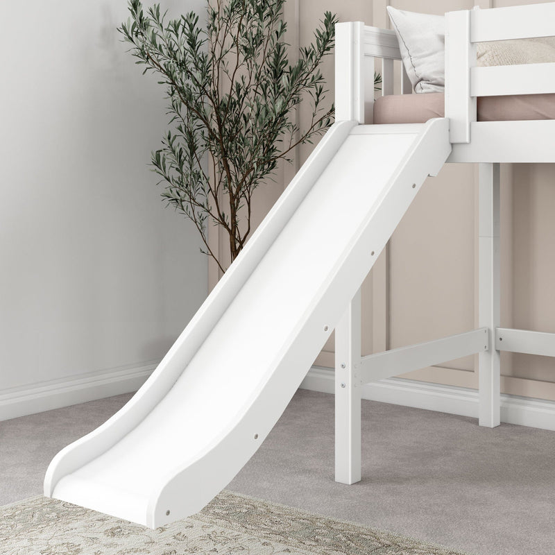 White kids loft bed with built-in slide, pink bedding and neutral nursery decor with potted plant on carpeted floor
