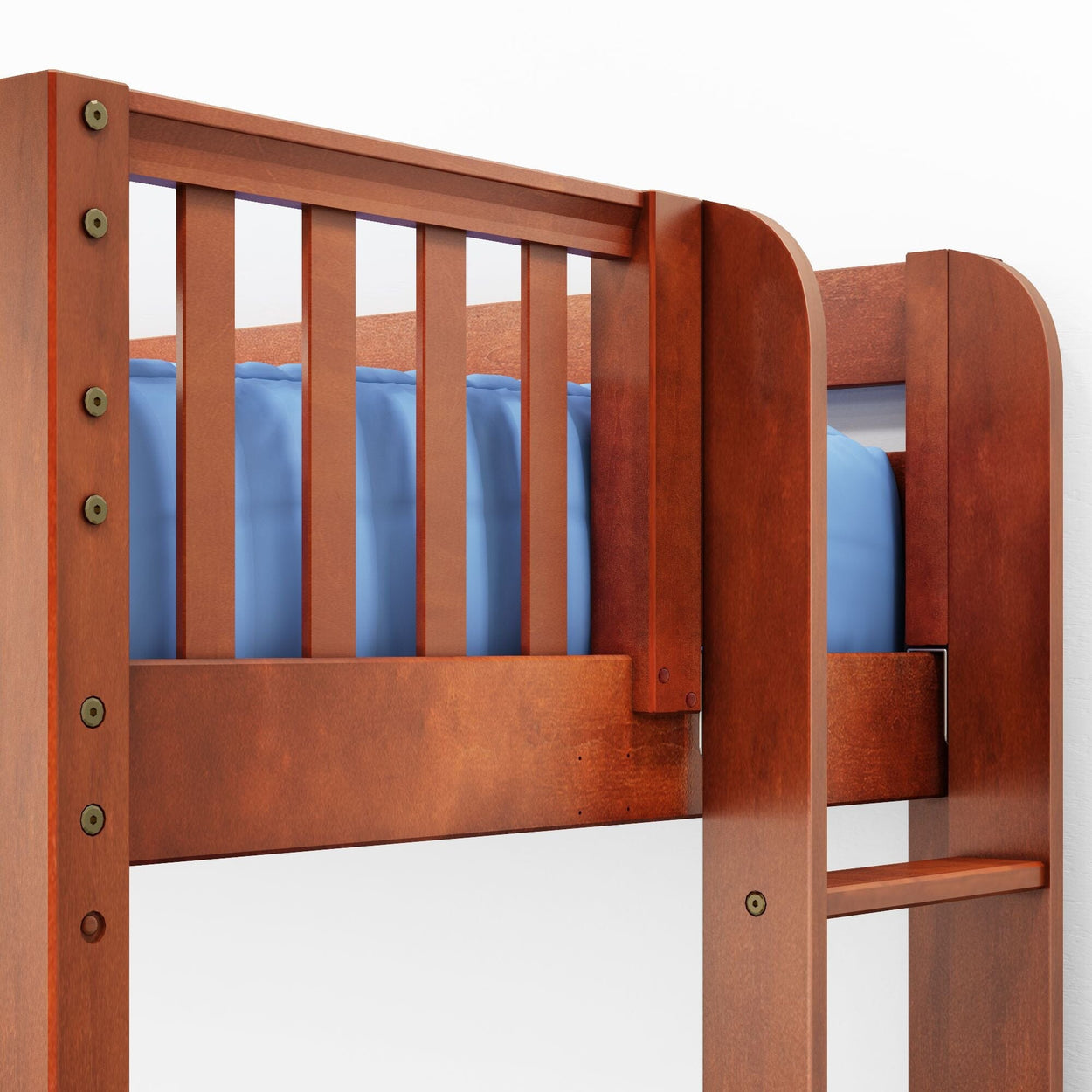Wooden bunk bed corner with blue mattress, showcasing sturdy design for kids' room furniture.