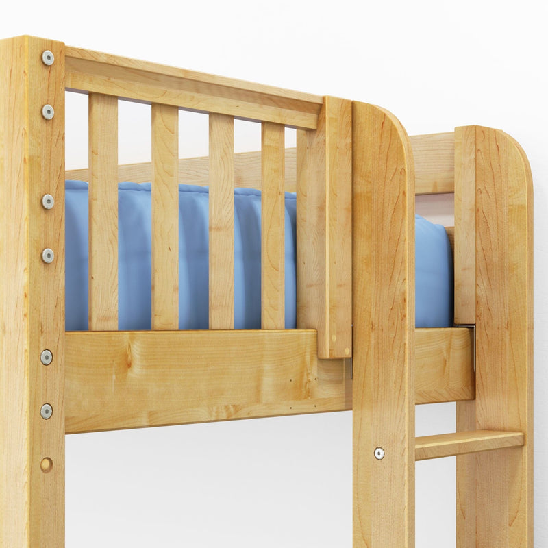 Close-up of natural maple wooden bunk bed slatted guardrail with blue mattress, solid wood kids' bed frame and visible metal bolts