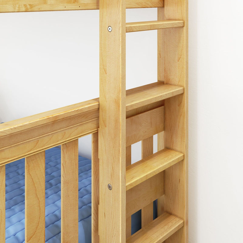 Wooden bunk bed ladder and guardrail in light natural wood finish with blue mattress visible — close-up detail against white wall