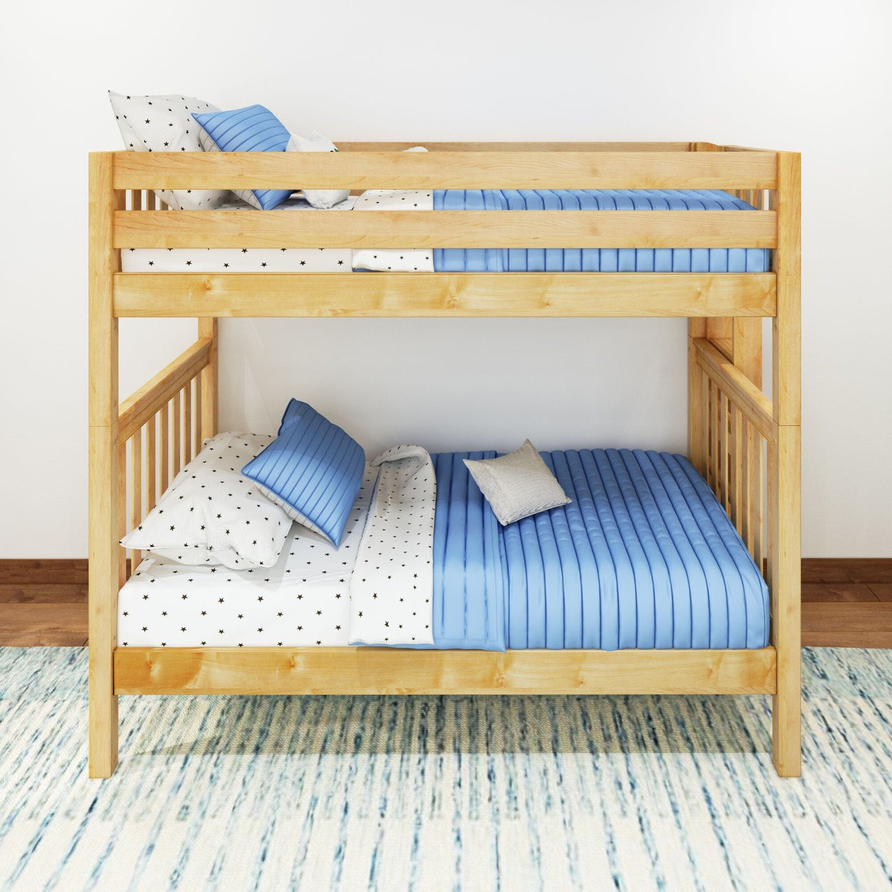 Wooden bunk bed with blue and white bedding in a modern bedroom setting.