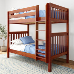 Wooden bunk bed with blue bedding in modern bedroom setting.