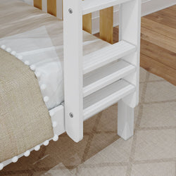 White wooden ladder on a modern bunk bed with beige bedding and pom-pom trim.